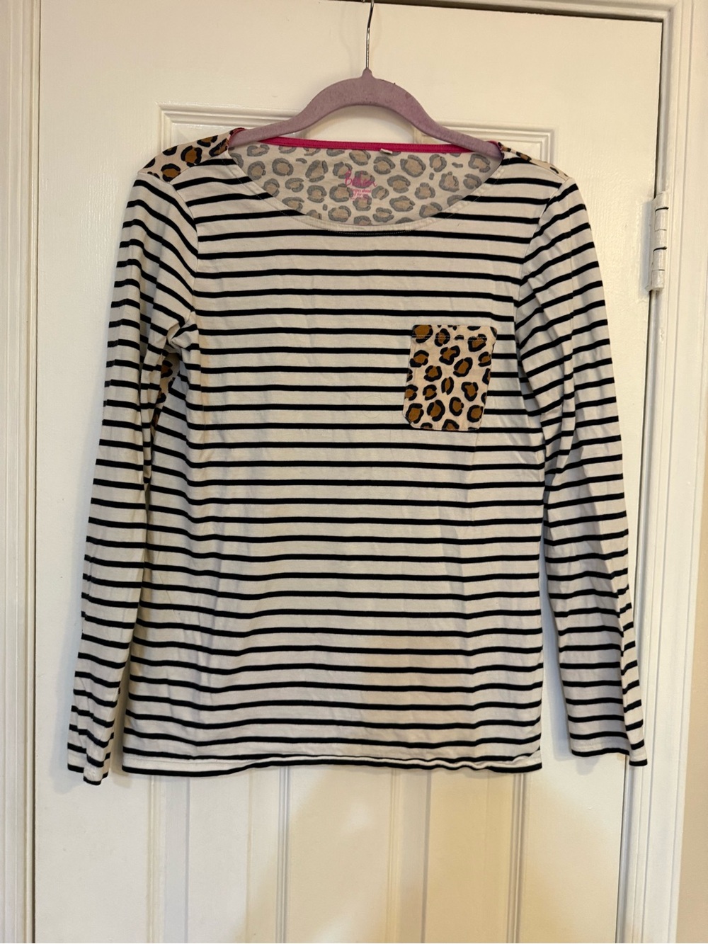 Boden Black & White Striped Long-Sleeve Tee with Leopard Pocket